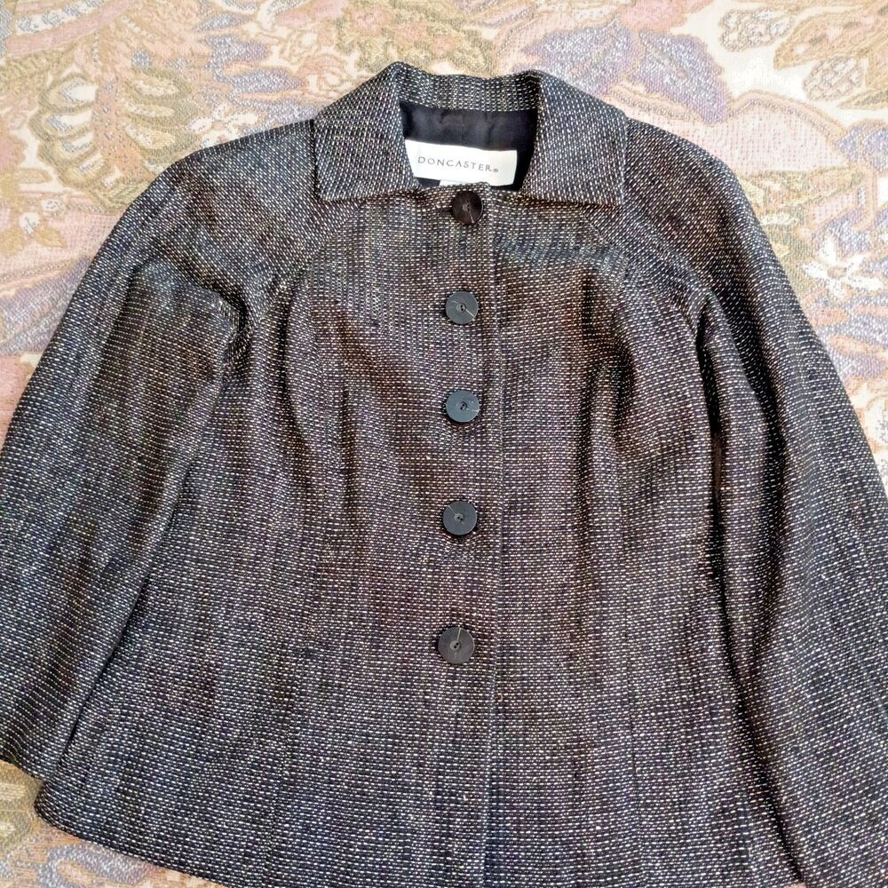 Doncaster Women’s Silk Cotton Tweed Blazer Jacket Size 6 Black White 5-Button